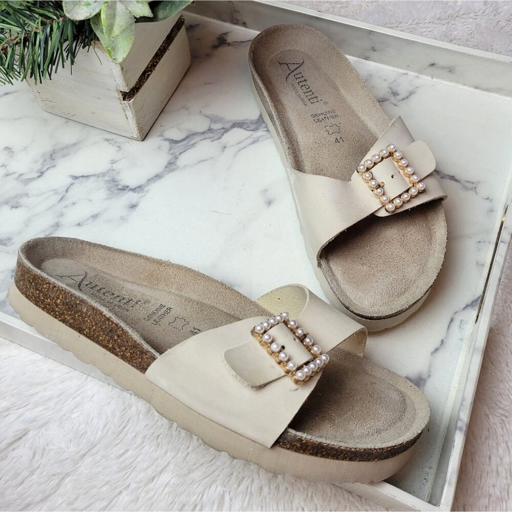 AUTENTI Beige Cream Pearl Buckle Leather Slide Comfort Sandal Size 41 - Picture 5 of 14
